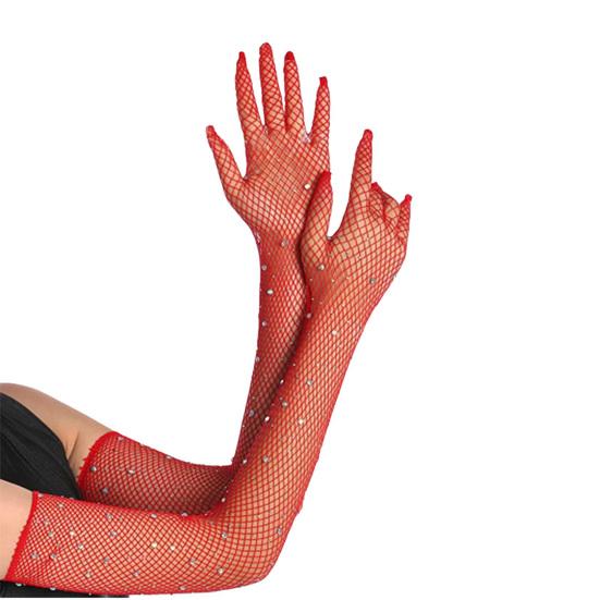 1 Pair Women Prom Arm Sleeves See-through Hollow Out Fishnet Rhinestone Decor Ultra Thin Fingerless Performances Bride Wedding Photo Prop Arm Cuffs