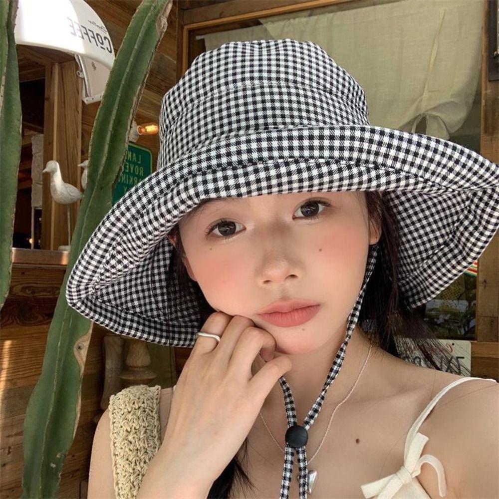 Casual Plaid Sun Hats Summer Fisherman Hat Fashion Drawstring Bucket Hats  Outdoor