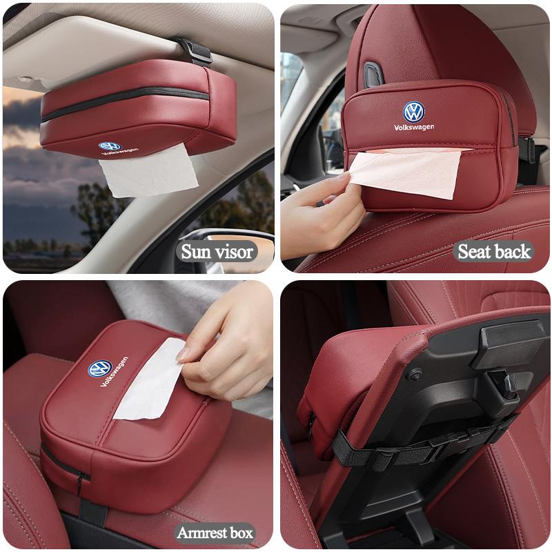 UNYDV1 Leather Car Tissue Box Sun Visor Seat Back Hanging Bag Accessories For Volkswagen VW RLine R GTI Golf Amarok Phaeton ID3 Tiguan