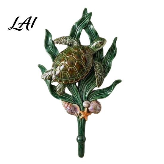 Coastal Bathroom Accessories 2Pcs Ocean Themed Sea Turtle Wall Hook Decorative Resin Hanger for Entryway Porch Coat Bedroom Entryway Style Organizer