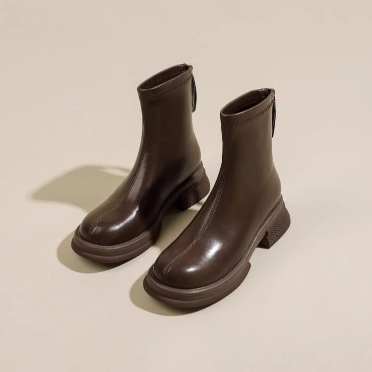 Кожаные короткие ботинки женские толстый каблук 2025 новые весенне-осенние эластичные тонкие ботинки одинарные ботинки толстая подошва британские ботинки Мартин