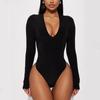 European and American Women's Long Sleeved V-neck Tight and Sexy Solid Color Jumpsuit