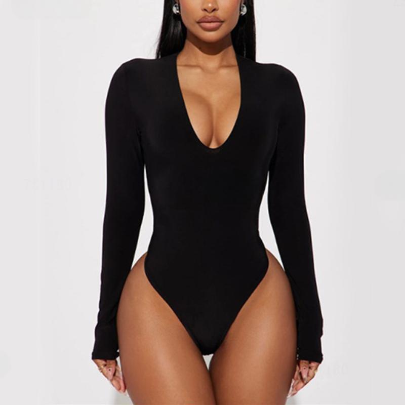 European and American Women's Long Sleeved V-neck Tight and Sexy Solid Color Jumpsuit