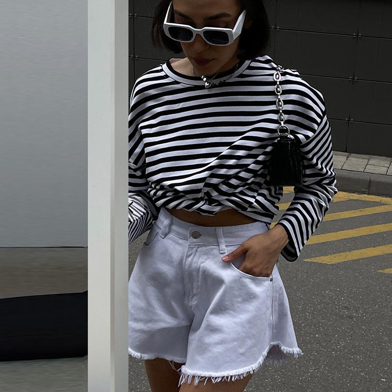 Женская полосатая футболка Hirsionsan с длинными рукавами, весна-лето 2023, большие футболки из 100% хлопка, женские повседневные шикарные футболки, топы для девочек