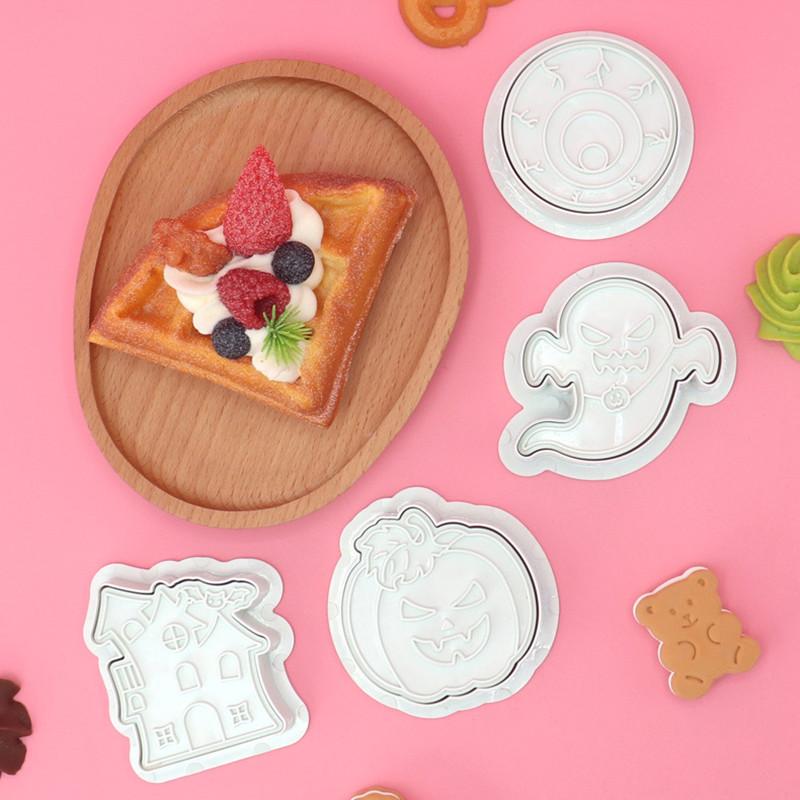 2023 Новый набор из 4 формочек для печенья на Хэллоуин, набор инструментов для резки торта, форма для печенья, тыквы, дома призраков, помадки, форма для выпечки, сахарная поделка
