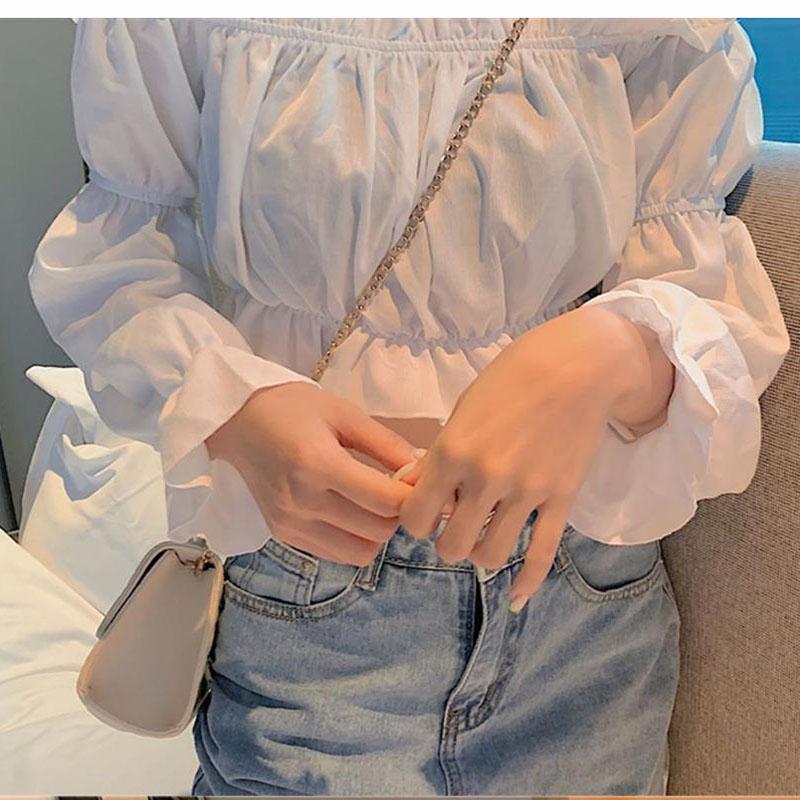 Slash Neck Sexy Off Shoulder Women's Short Top Pure Desire T-shirt Crop Top High Waisted Navel Exposed Puff Sleeve Korean Fashion Spring Autumn