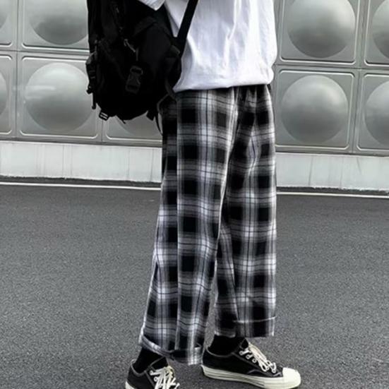 Мужские брюки в клетку Streetwear Широкие с эластичной талией Свободные Спортивные брюки для осени