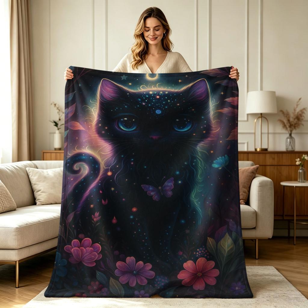 Soft Flannel Blanket with Mystical Galaxy Black Cat Floral Moon Star Print All Season Warm Cozy Throw Blanket for Sofa Couch Bed Living Room Bedroom O