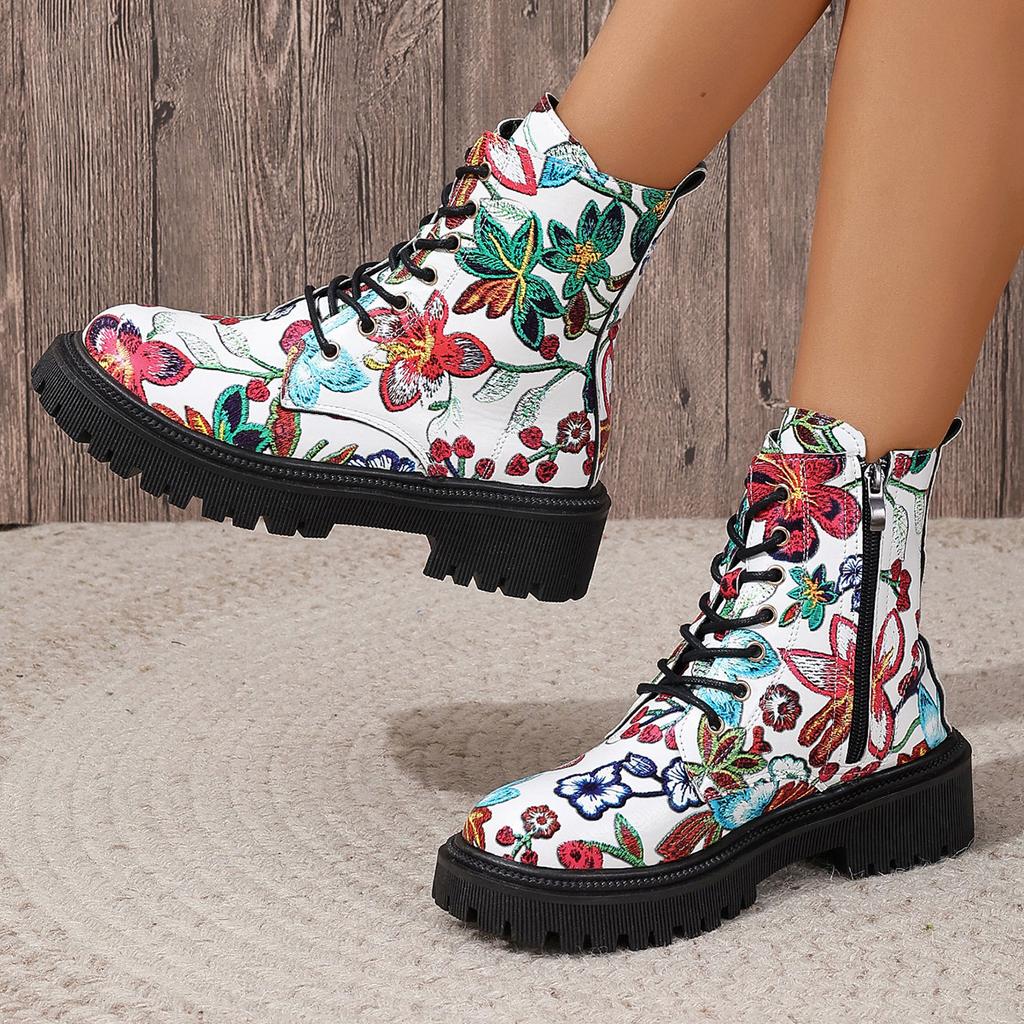 Large Size Boots Autumn European and American Printing Casual Round Head Lace-up Low-heeled High-top Boots