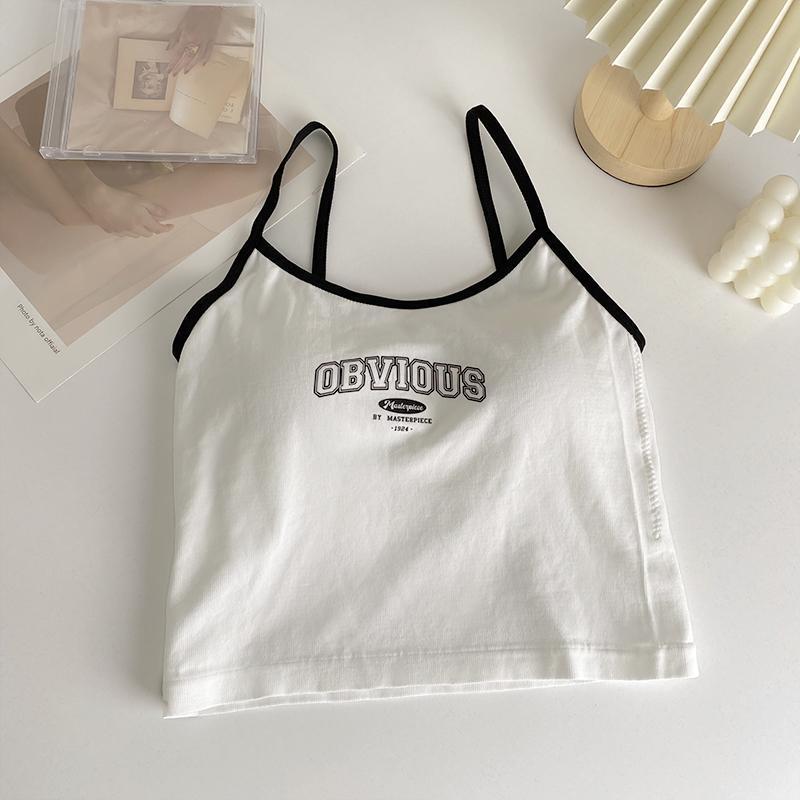 Women With Padded Bra Crop Tops O-neck Solid Crop Tops 2025 Summer Letter Printing Tops Spaghetti Camisole