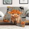 Halloween Highland Cow and Pumpkin Pattern Blanket, Soft Polyester Fleece Throw, All-Season Chunky Knit, Sofa, Bedroom, Living R