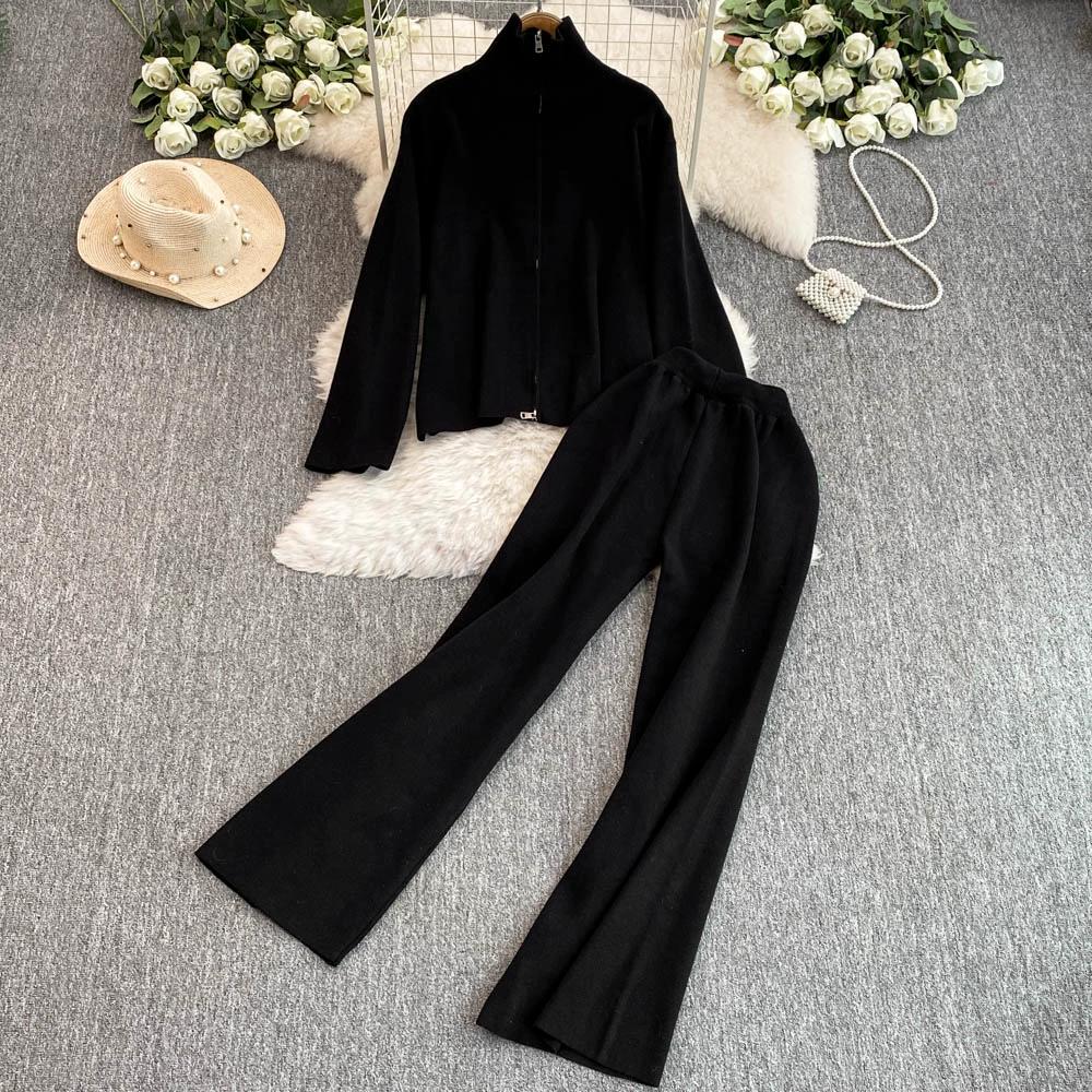 Осенне-зимний трикотажный свитер, брюки, комплект из двух предметов, женская водолазка на молнии, куртка и брюки длиной до щиколотки