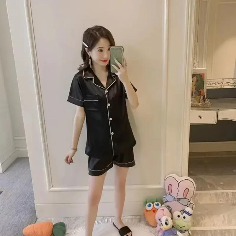 Женская пижама Простая однотонная кардиган с пуговицами и короткими рукавами, шорты, домашняя одежда, тонкая женская модная одежда для сна