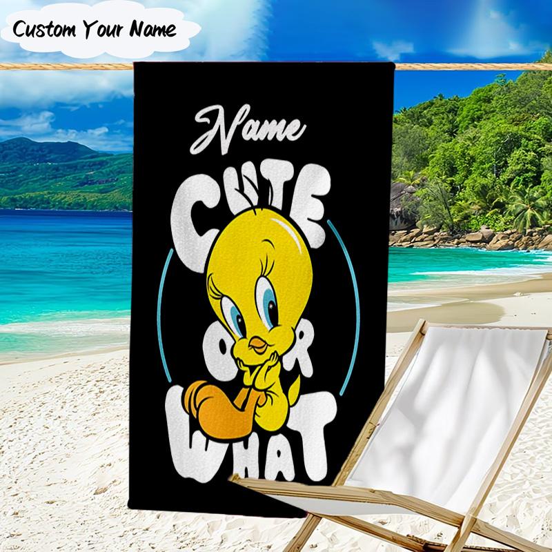 1PC Custom Name Cute Tweety-Bird Artwork Heart Beach Towel, Lightweight Quick-Dry for Man Woman, for Summer Travel, Swimming Pool Birthday Gift