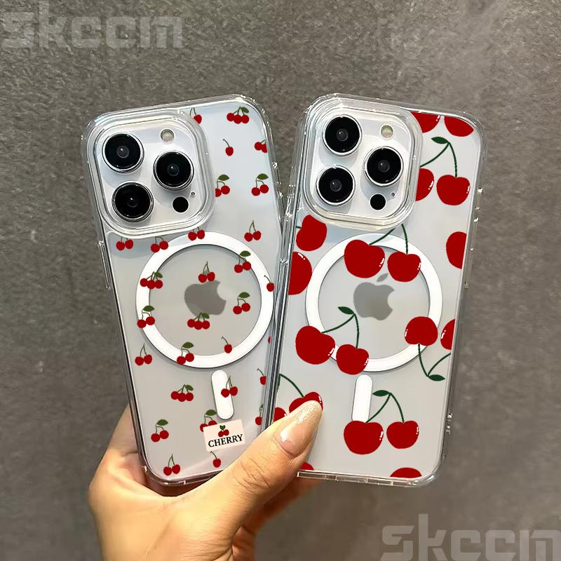 For Magsafe Wireless Charger Case For Samsung Galaxy S25 S24 S23 Ultra S22 Plus S21 FE S20 Cute Cherry Print Phone Cover