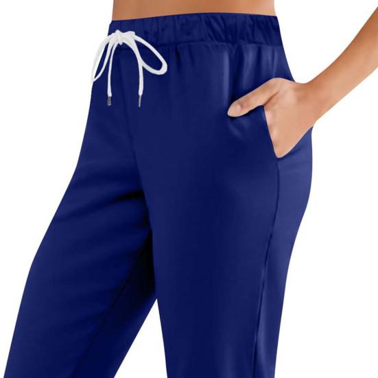 Women Cropped Pants Elastic Waist Adjustable Drawstring Solid Color Mid-calf Length Pants with Pockets Daily Wear