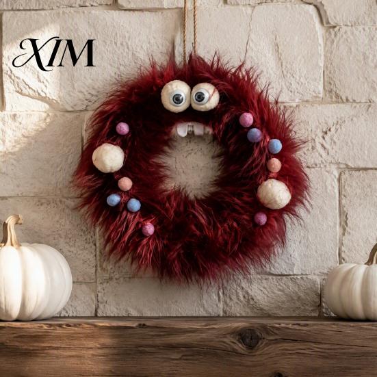 Fireplace Fall Seasonal Wreaths Halloween Fluffy Wreath for Front Door, Cute Furry Spider Hanging Indoor Window Decor with Pom Poms Party Home