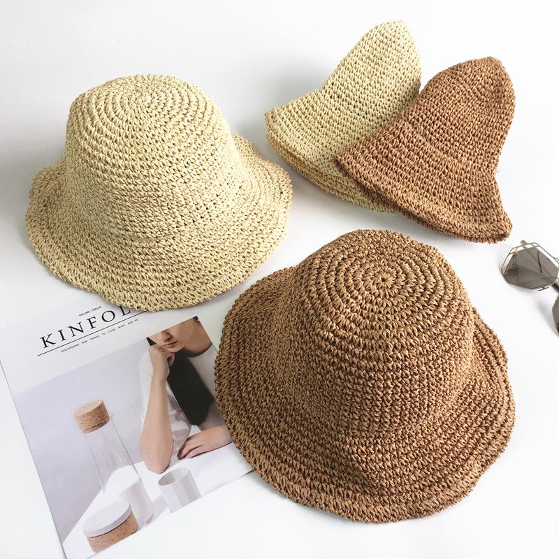 Women's Foldable Hand-Crocheted Straw Beach Hat with Rolled Brim