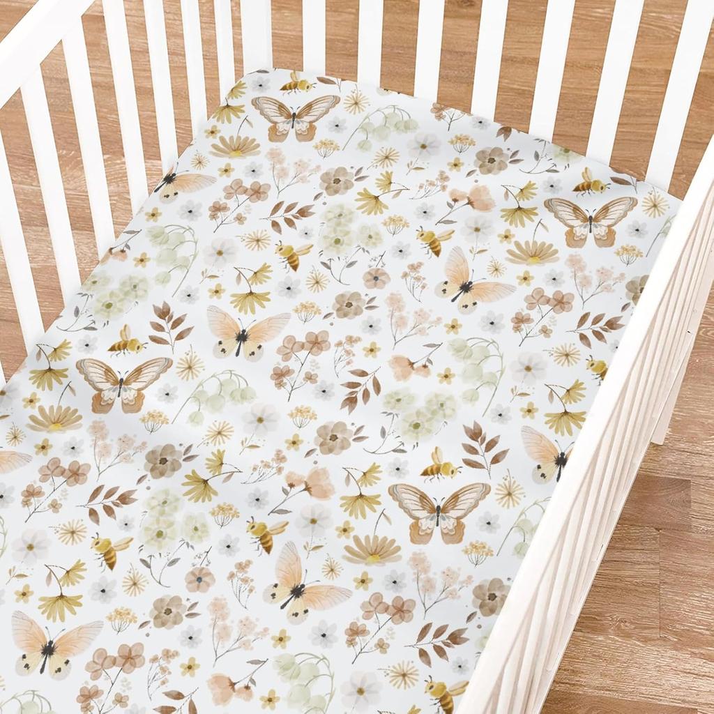 Vintage Butterflies Boho Wildflowers Baby Crib Sheets Boy Girl 52"x28" Watercolor Bees Butterflies Spring Floral Crib Mattress Cover Soft Breathable