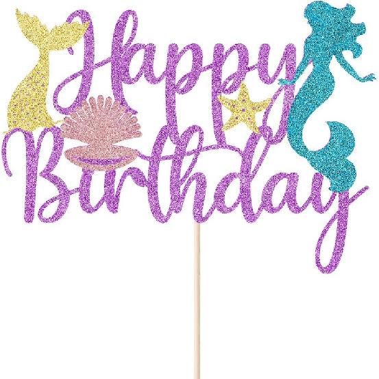 Mermaid Happy Birthday Cake Topper - Glitter Mermaid Under The Sea Theme Cake Topper, Baby Shower Gender Reveal Party, Boys and Girls Birthday Party