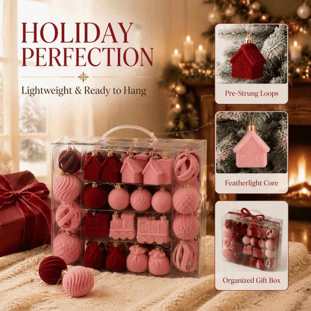 50pcs Flocked Christmas Balls Velvet Christmas Baubles Assorted Holiday Ornaments Indoor Decor