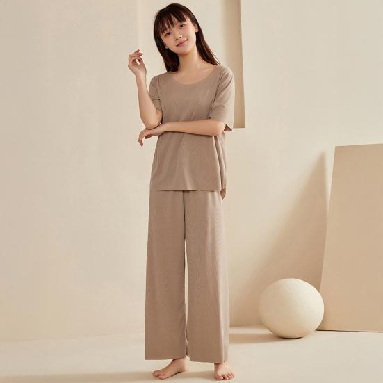 Женский комплект пижамы Ice Silk с короткими рукавами и широкими штанами, комплект летней ультратонкой двухкомпонентной пижамы для дома и сна