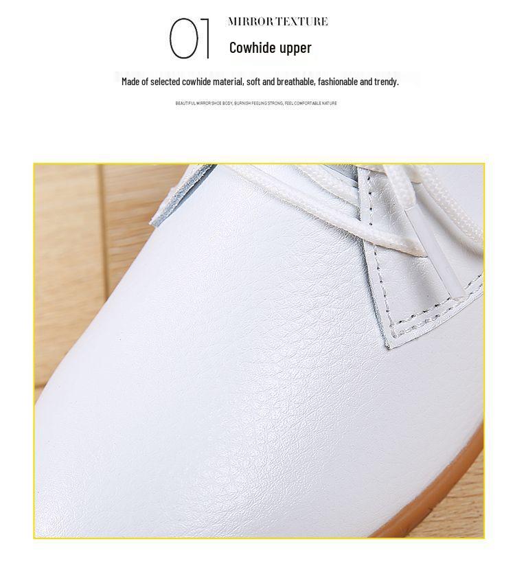 Женские белые туфли на плоской подошве из натуральной кожи на шнуровке с круглым носком и противоскользящей подошвой - Повседневные и универсальные в корейском стиле