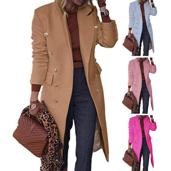 Женское шерстяное пальто длиной до колена на осень-зиму, двубортное пальто с лацканами и длинными рукавами, однотонная верхняя одежда, уличная одежда