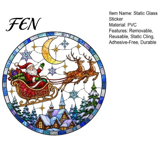 Static Cling Window Stickers Christmas Santa Sleigh Suncatcher Cling, Stained Glass Style Claus Clings Sticker, Rainbow Film Xmas Decor for Home Shop