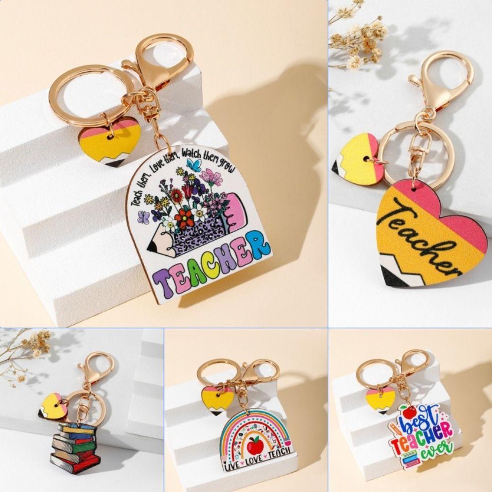 Wooden Pencil Rainbow Keychain English Letter Teacher Education Pendant Female Lady Girl