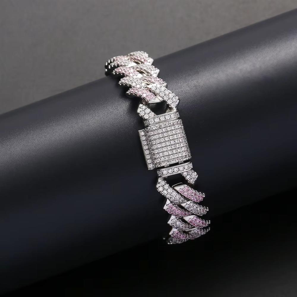 Personalized Hip Hop Rhodium Plated Jewelry 14mm Iced Out Silver and Pink CZ Rhombus Prong Cuban Link Chain Bracelet