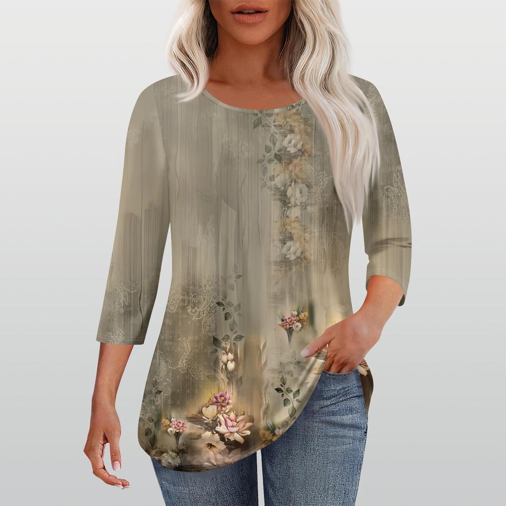 Рубашки с рукавом 3/4 для женщин, модные, повседневные, с круглым вырезом, с принтом, футболка, топ