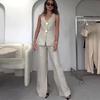 2 Pcs/Set Women Vest Pants Suit V Neck Button-down Sleeveless Top Wide Leg Loose Trousers Formal Business Style Commuter Outfit