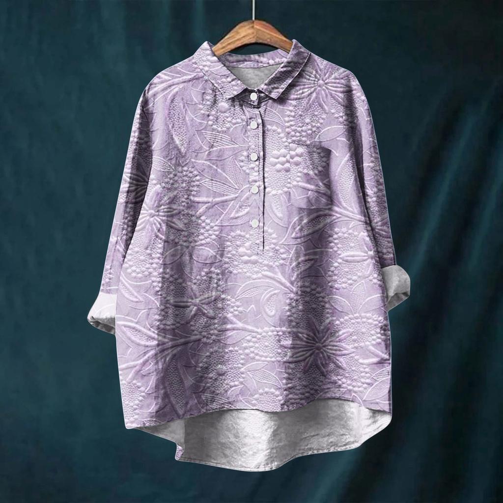 Women's Long Sleeve Shirt Button Vintage Floral Print Casual Hem Irregular Shirt Collar Top