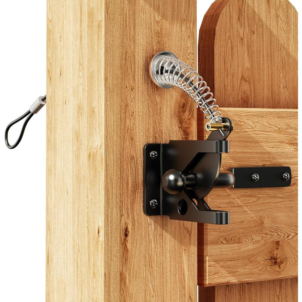 Self Locking Fence Gate Latch Carbon Steel Silver/Lock Post Mount with Stainless Steel Spring Cable Pull Adjustable Gate Latch Cable Pull for Metal