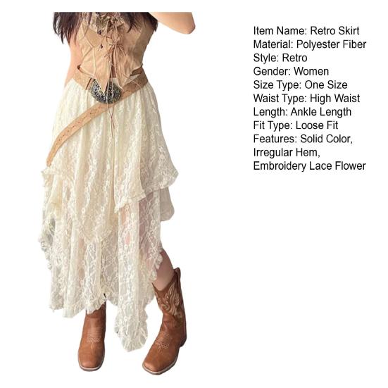 Ретро-юбка с эластичной высокой талией, кружевная юбка нестандартного дизайна, длинная юбка-миди во французском стиле с вышитым кружевом и цветочным узором