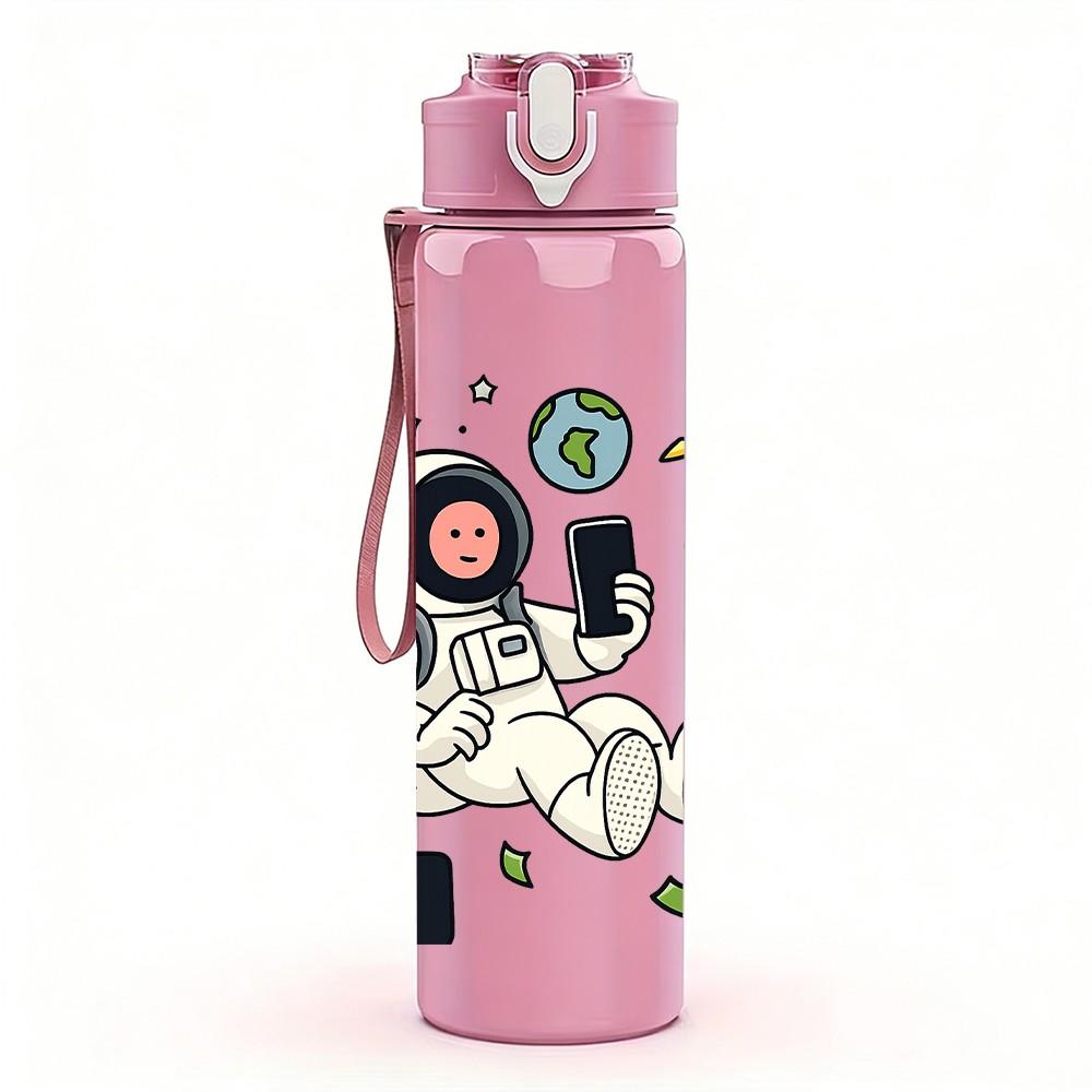 1PC Cartoon Astronaut Floating In Space 750ml Color Plastic Sports Water Bottle Leakproof Flip Straw Lid For Sports Office Home Use