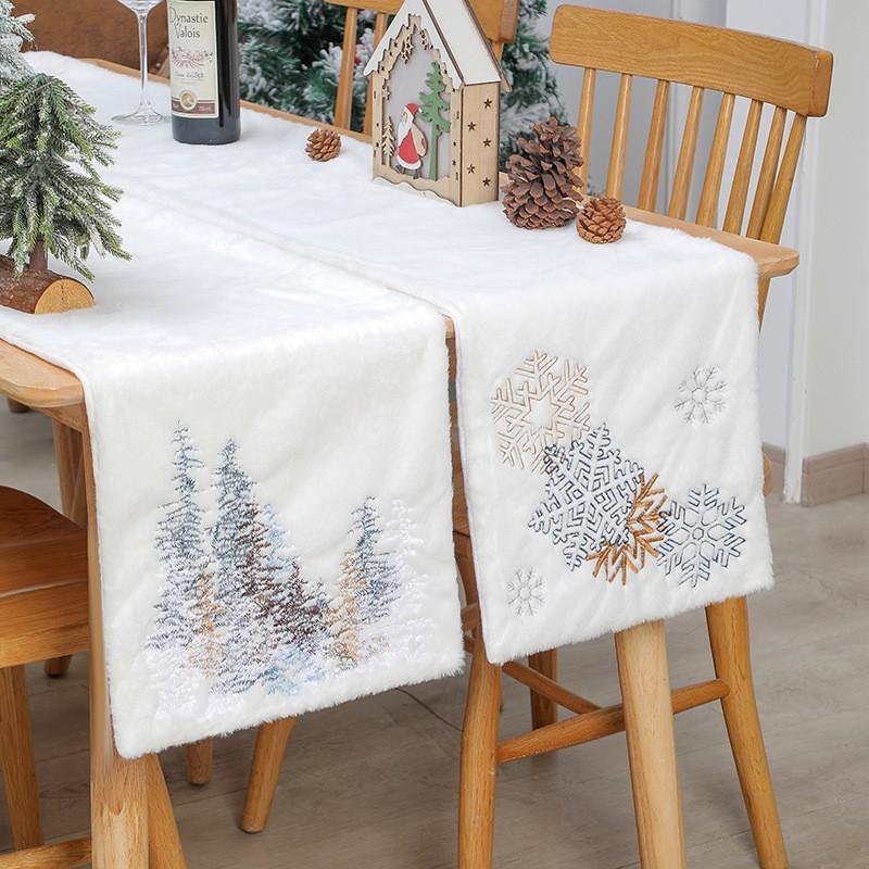 Christmas Table Runner With Embroidered Snowflake Design Faux Rabbit Fur Trim Non-Woven Fabric Holiday Dining Decor