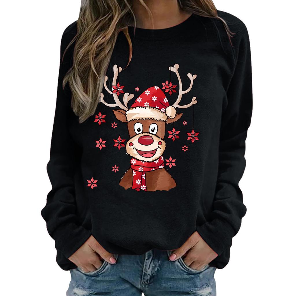 Chirstmas Print Crewneck Sweatshirt Women Fall And Winter Long Sleeve Loose Casual Tee Tops Female Pullover Oversized