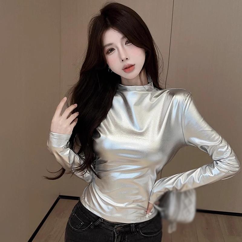 Women's Top Shiny High Neck Long Sleeved T-shirt