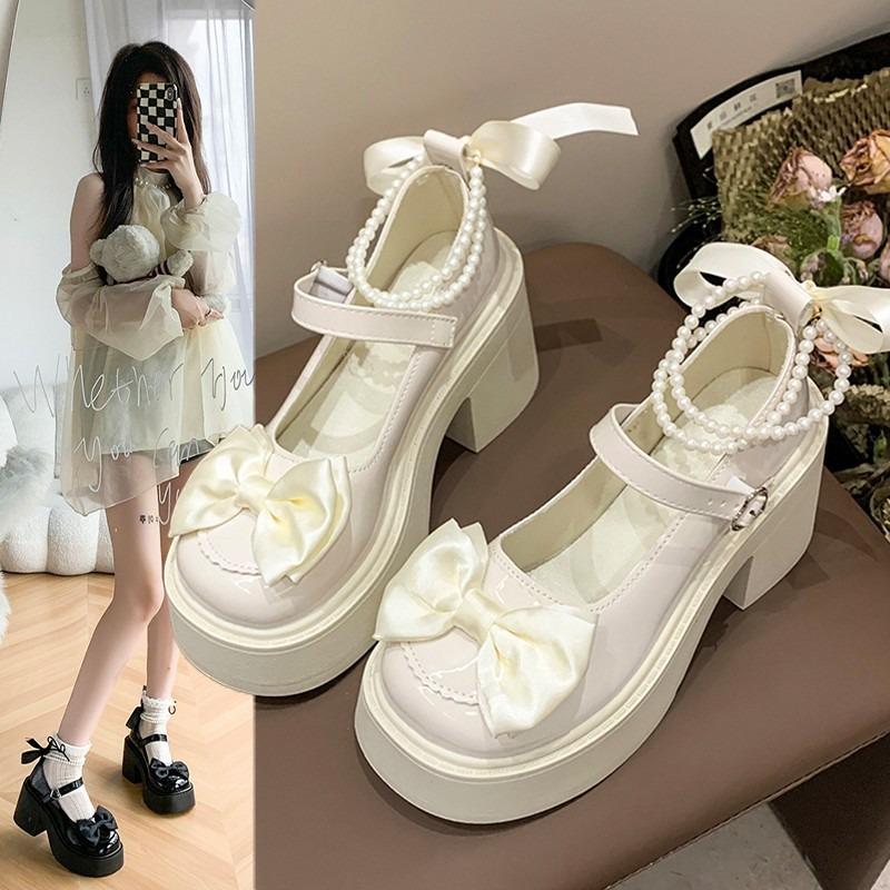 Women's High Heels Shoes High Quality Round Toe Mary Jane Bow Buckle Women High Heels Thick Heeled Lolita Platform Shoes Tacones