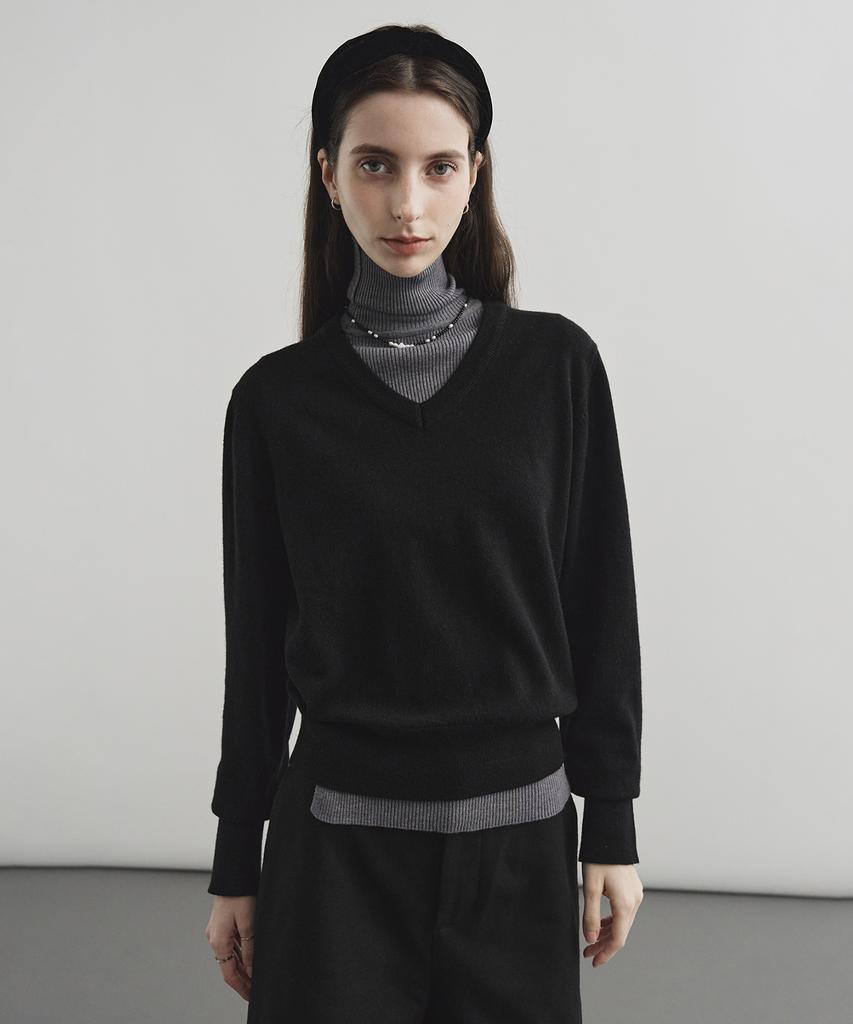 MONGDOL Wool Cashmere V-Neck Knit Black Mdkt088Black