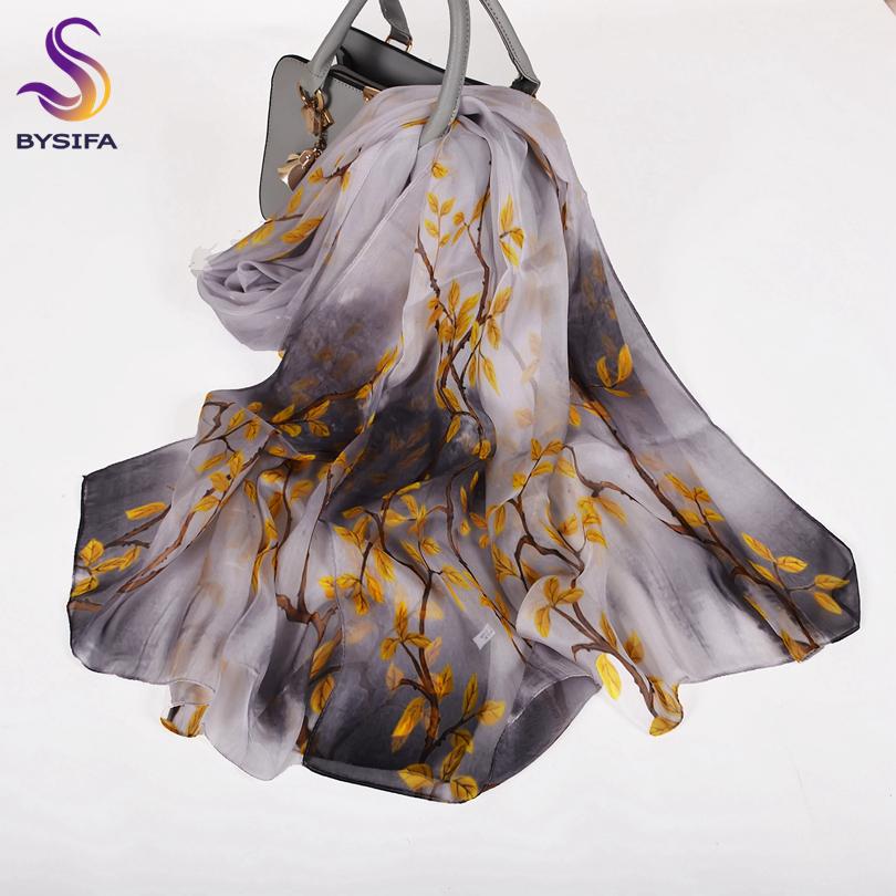 [BYSIFA] Bean Green 100% Silk Chiffon Hijab Scarf Ladies Brand Long Scarf Beach Shawls Autunm Winter Women Floral Design Scarves