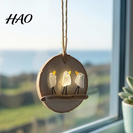 Warm Friendship Gift Idea Handmade Sea Glass Bird Wooden Hanging Ornament, Coastal Seagull Decor for Unique Window Art Christmas Tree, Beach