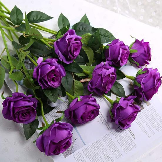 10Pcs Artificial Rose with Green Leaves Fake Silk Flower Wedding Halloween Party