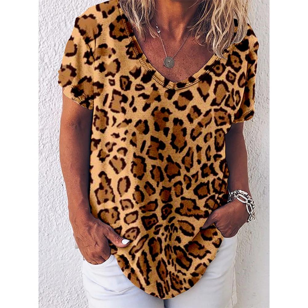 Leopard 3D Print T-shirt for Women Y2k Vintage Tops Harajuku Streetwear V-neck T-shirts Oversized Clothes for Women and Girl