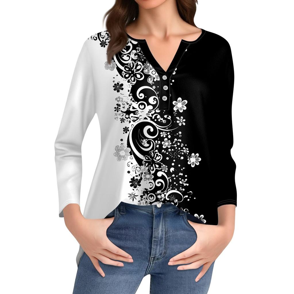 Жен. Футболка С принтом Пуговицы Рукав 3/4 Повседневные Выходные Мода Классический Классический V-образный вырез Обычный Верх