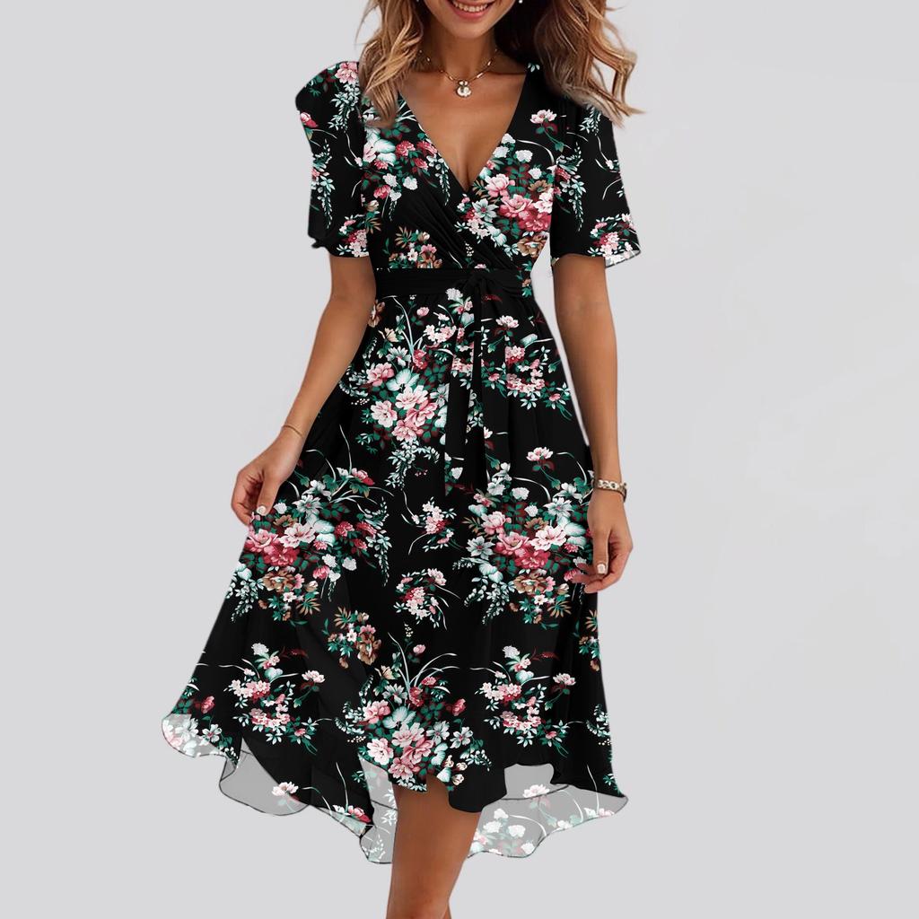 Women's Fashion Casual V Neck Short Sleeve Ruffled Vintage Printed Dresses