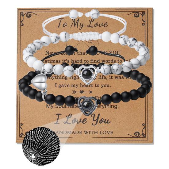 2Pcs/Set His Her Matching Bracelets Projection 100 Languages I Love You Couple Bracelets Heart Pairing Adjustable Beads Bracelets Jewelry Gift
