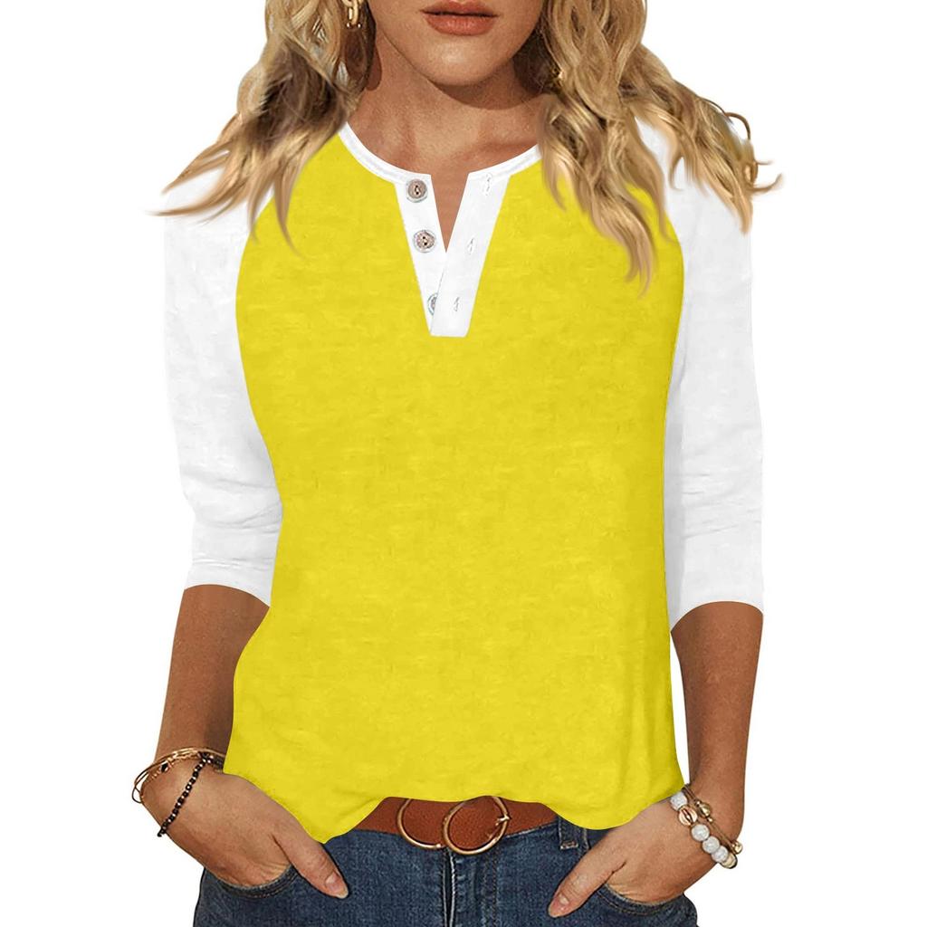 Жен. Футболка С принтом Пуговицы Рукав 3/4 Повседневные Выходные Мода Классический Классический V-образный вырез Обычный Верх
